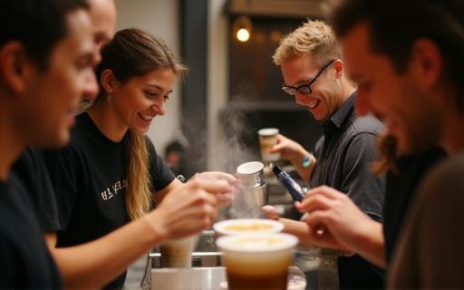 People smiling while practicing latte art at a workshop, with steaming milk pitchers and coffee cups.